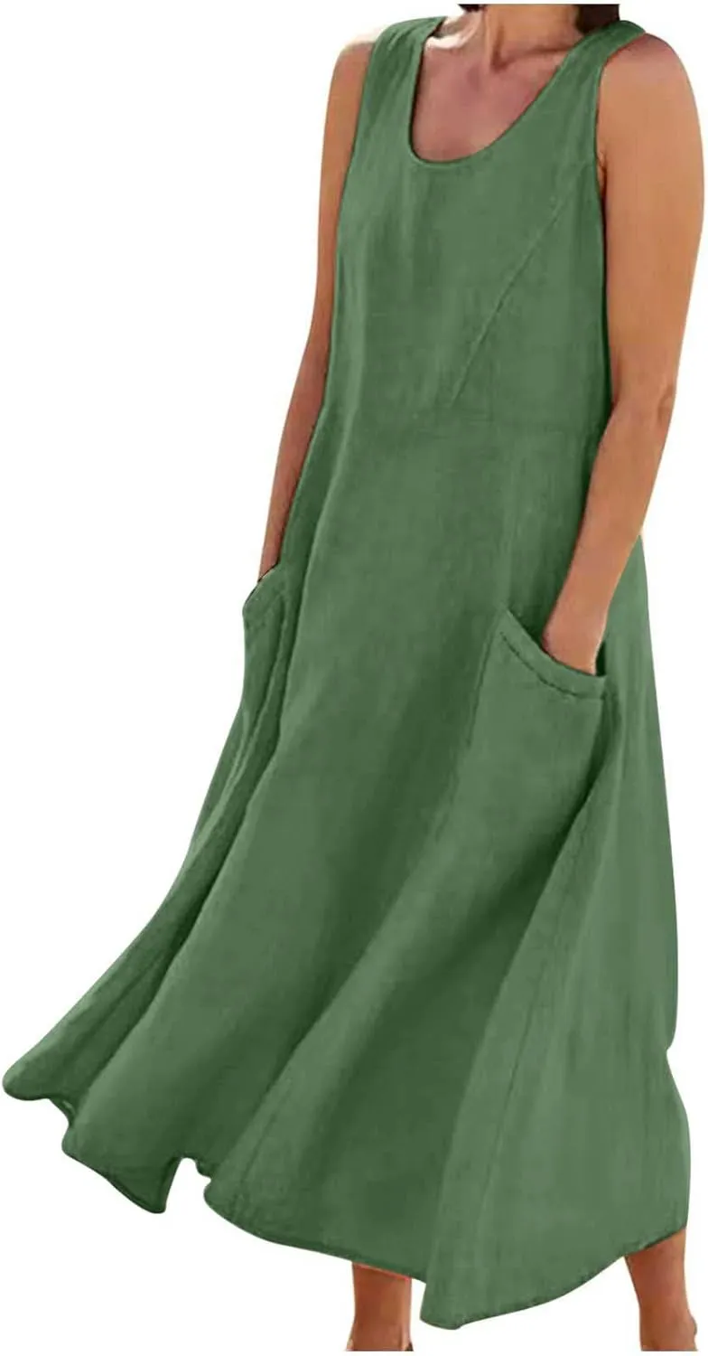 Womens Summer Cotton Linen Dress Sleeveless Scoop Neck Flowy Sundress 2025 Plus Size Loose Comfy Midi Dresses Pockets