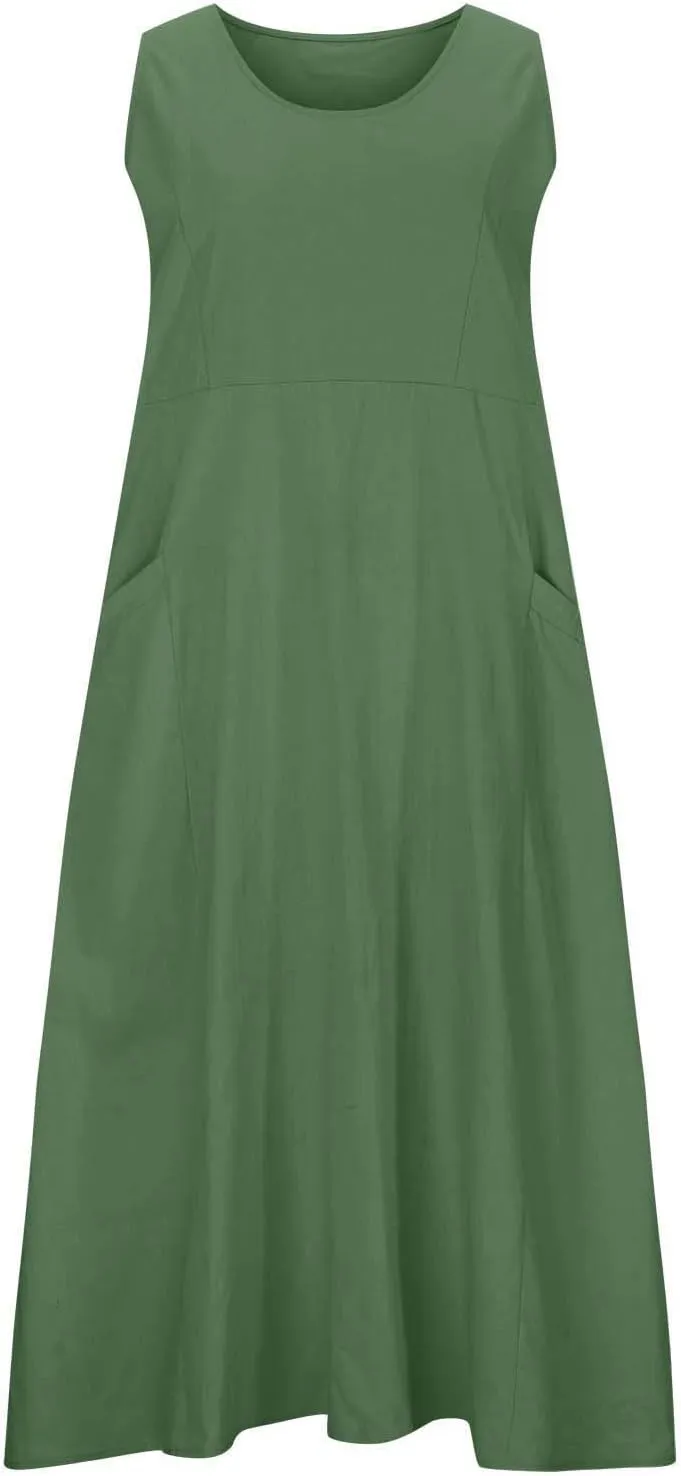 Womens Summer Cotton Linen Dress Sleeveless Scoop Neck Flowy Sundress 2025 Plus Size Loose Comfy Midi Dresses Pockets
