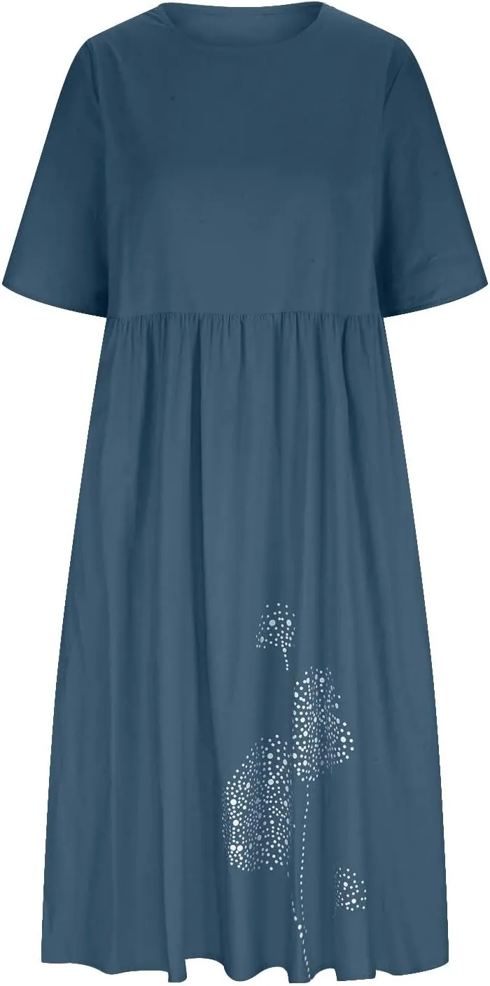 Womens Summer Cotton Linen Dresses Casual Short Sleeve Crew Neck Dress Trendy Loose Beach Sundress with Pockets