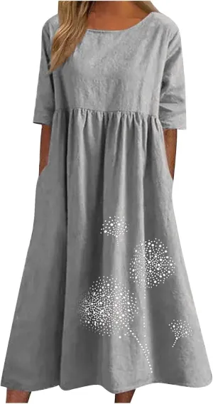 Womens Summer Cotton Linen Dresses Casual Short Sleeve Crew Neck Dress Trendy Loose Beach Sundress with Pockets