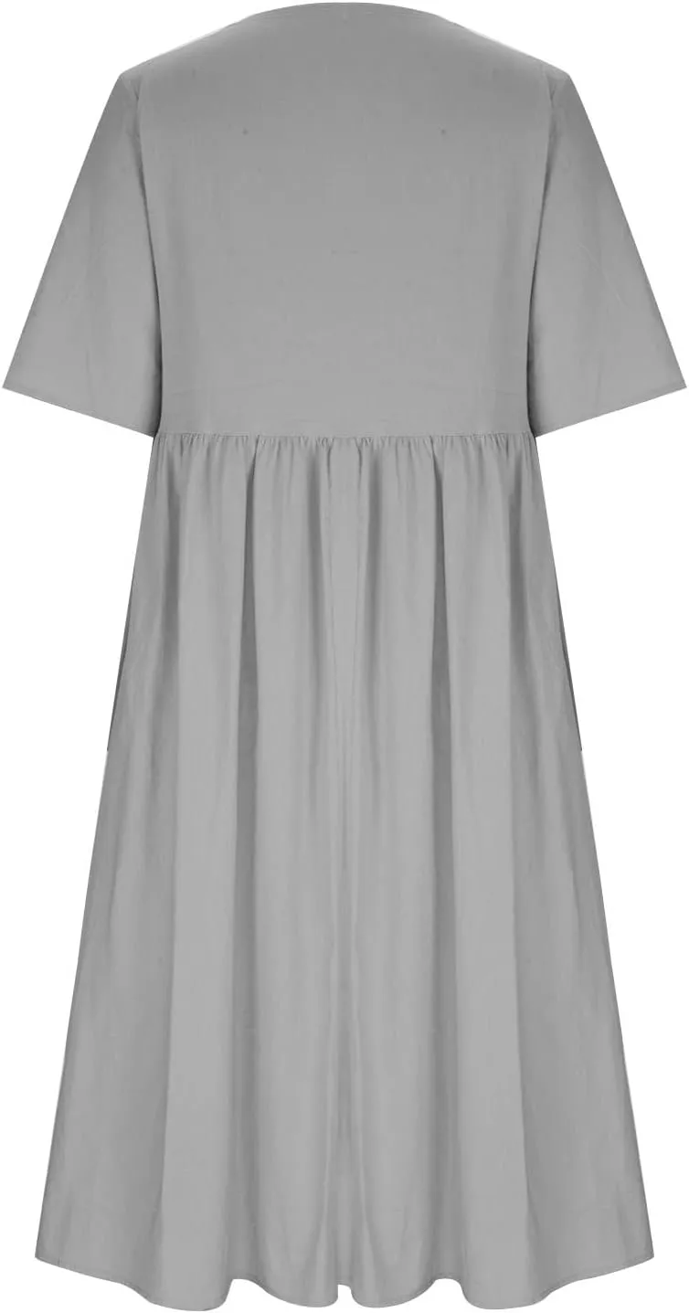 Womens Summer Cotton Linen Dresses Casual Short Sleeve Crew Neck Dress Trendy Loose Beach Sundress with Pockets