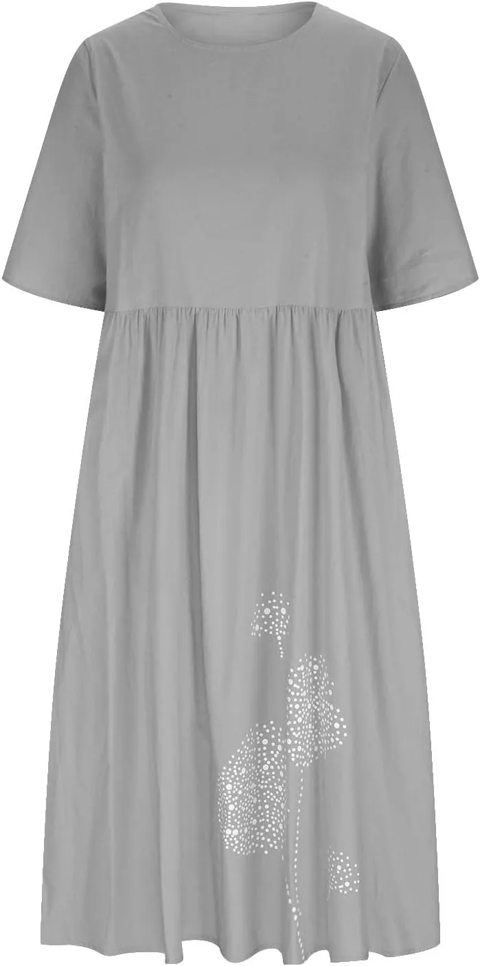 Womens Summer Cotton Linen Dresses Casual Short Sleeve Crew Neck Dress Trendy Loose Beach Sundress with Pockets