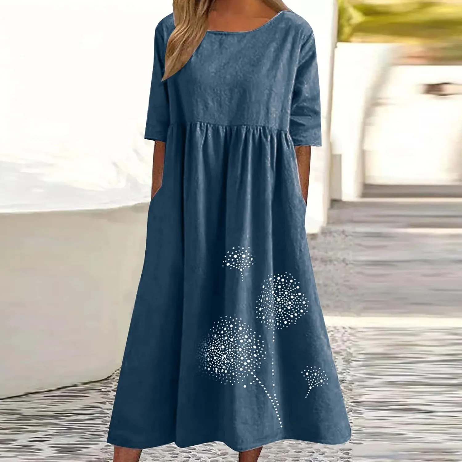 Womens Summer Cotton Linen Dresses Casual Short Sleeve Crew Neck Dress Trendy Loose Beach Sundress with Pockets
