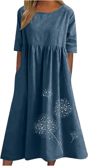 Womens Summer Cotton Linen Dresses Casual Short Sleeve Crew Neck Dress Trendy Loose Beach Sundress with Pockets