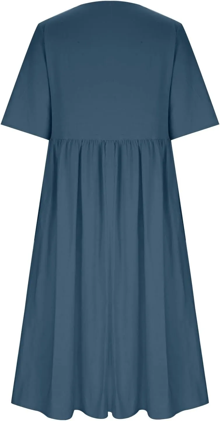 Womens Summer Cotton Linen Dresses Casual Short Sleeve Crew Neck Dress Trendy Loose Beach Sundress with Pockets