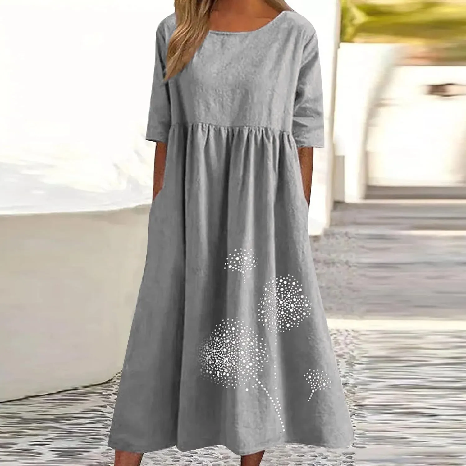 Womens Summer Cotton Linen Dresses Casual Short Sleeve Crew Neck Dress Trendy Loose Beach Sundress with Pockets
