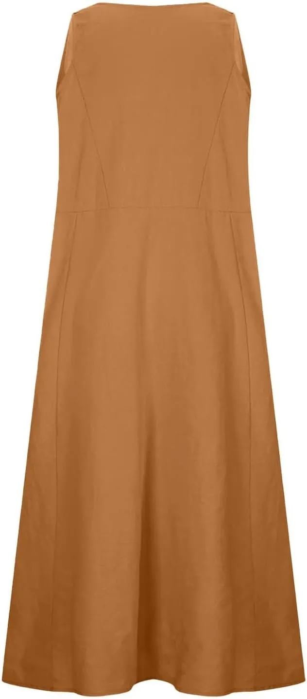 Women's Summer Cotton Linen Long Dress Plus Size Loose Dress with Pockets