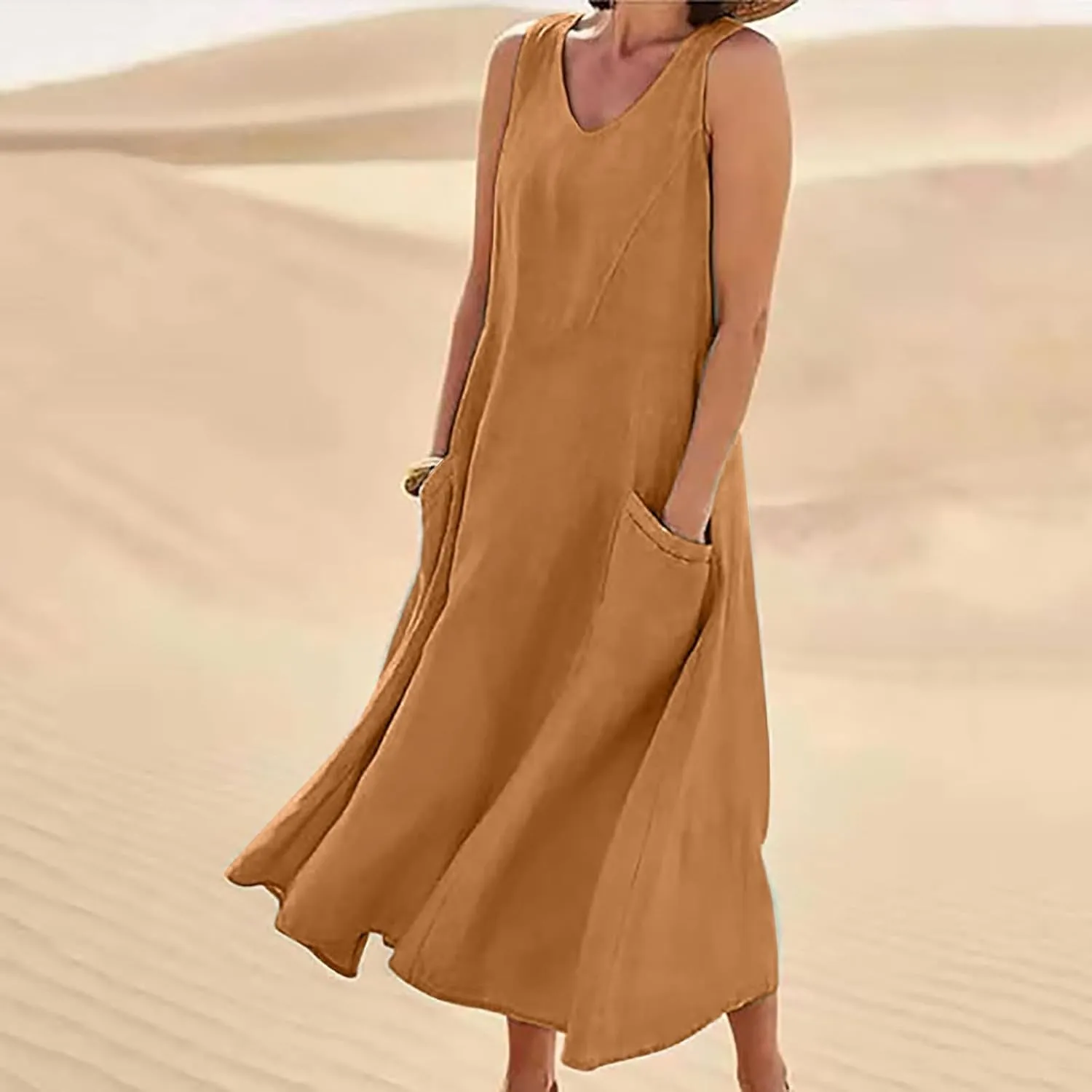 Women's Summer Cotton Linen Long Dress Plus Size Loose Dress with Pockets