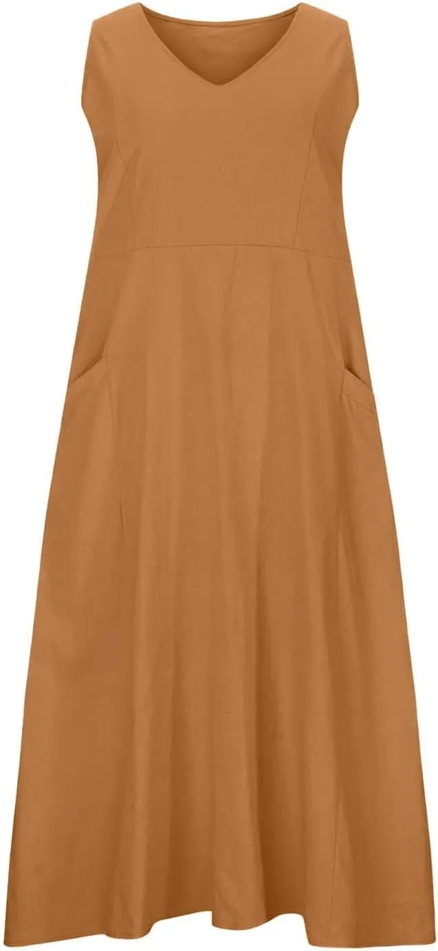 Women's Summer Cotton Linen Long Dress Plus Size Loose Dress with Pockets