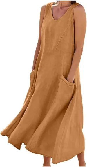 Women's Summer Cotton Linen Long Dress Plus Size Loose Dress with Pockets