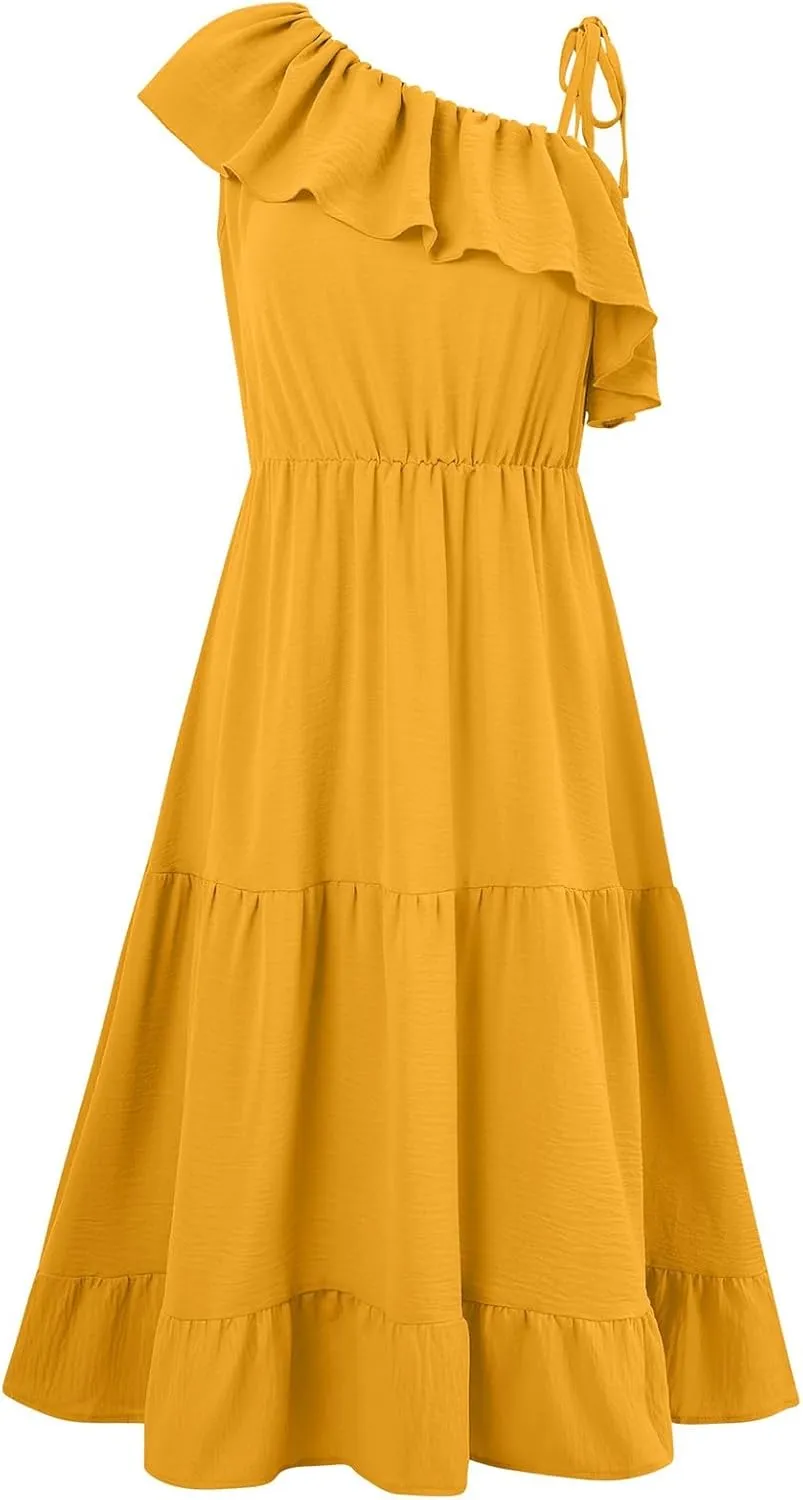 Women's Summer Dress One Shoulder Ruffle Sleeveless Empire Waist Wedding Guest Dresses Ruched A Line Flowy Sundresses