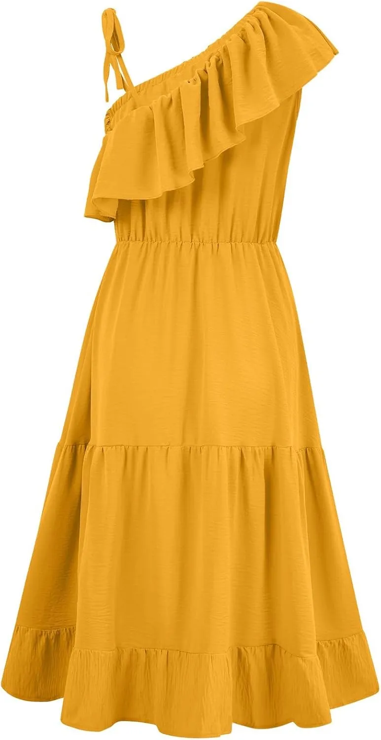 Women's Summer Dress One Shoulder Ruffle Sleeveless Empire Waist Wedding Guest Dresses Ruched A Line Flowy Sundresses