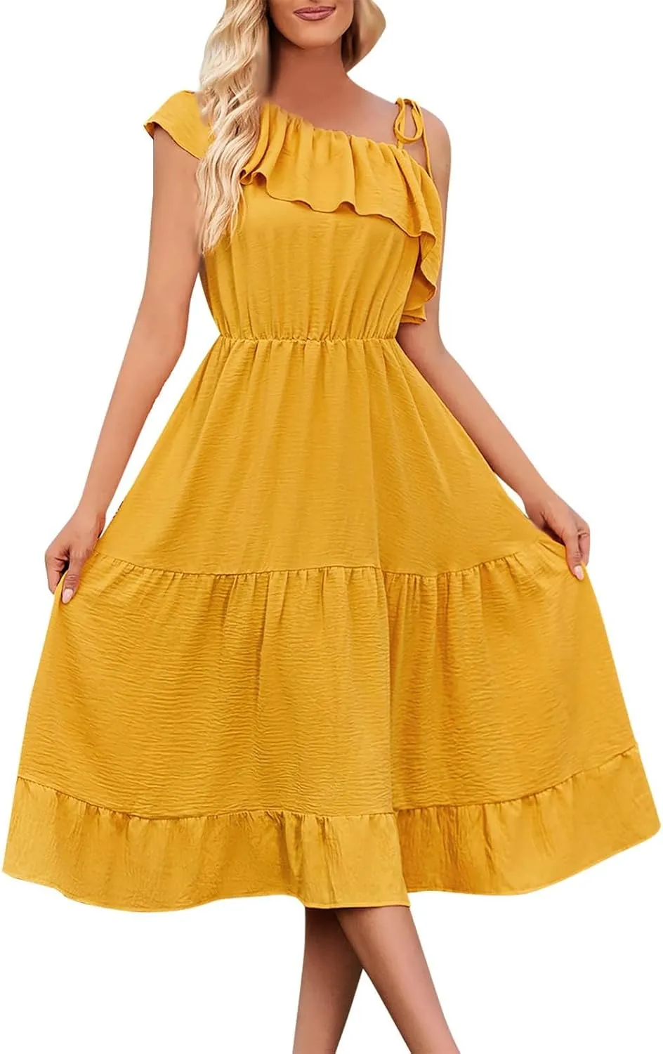 Women's Summer Dress One Shoulder Ruffle Sleeveless Empire Waist Wedding Guest Dresses Ruched A Line Flowy Sundresses