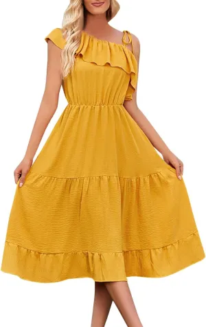 Women's Summer Dress One Shoulder Ruffle Sleeveless Empire Waist Wedding Guest Dresses Ruched A Line Flowy Sundresses