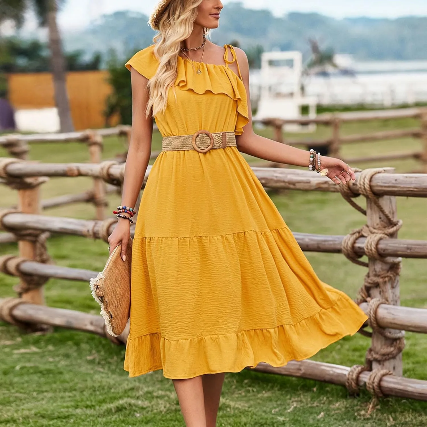 Women's Summer Dress One Shoulder Ruffle Sleeveless Empire Waist Wedding Guest Dresses Ruched A Line Flowy Sundresses