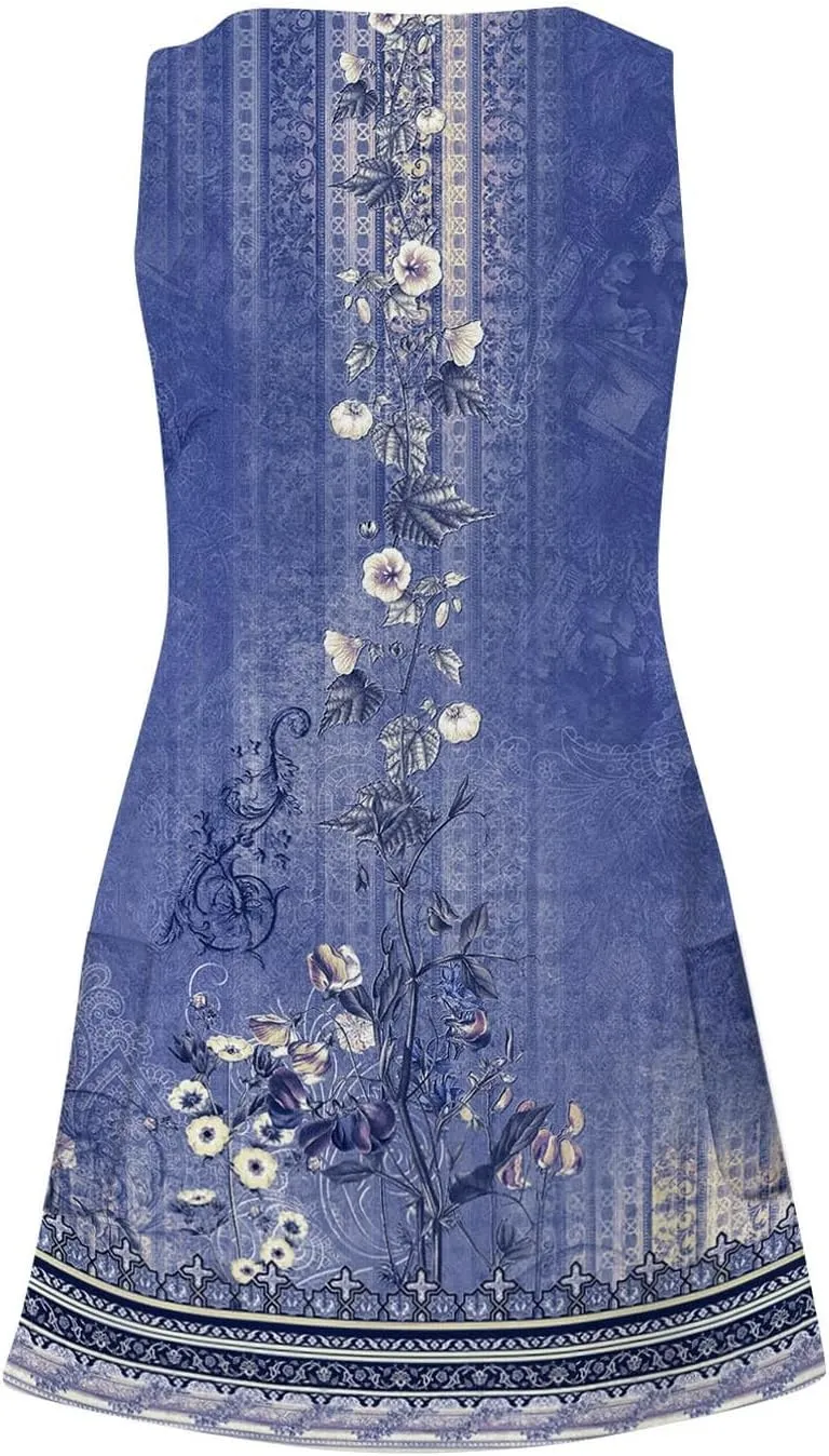 Women's Summer Dresses 2024 Beach Casual Sleeveless Floral Print Boho Tank Dress V Neck Loose Sundress with Pocket
