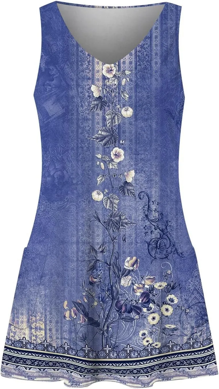 Women's Summer Dresses 2024 Beach Casual Sleeveless Floral Print Boho Tank Dress V Neck Loose Sundress with Pocket
