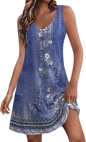 Women's Summer Dresses 2024 Beach Casual Sleeveless Floral Print Boho Tank Dress V Neck Loose Sundress with Pocket