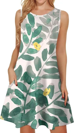 Womens Summer Dresses 2025 Loose Round Neck Boho Dress Beach Casual Sleeveless Floral Print Tank Sundress with Pockets