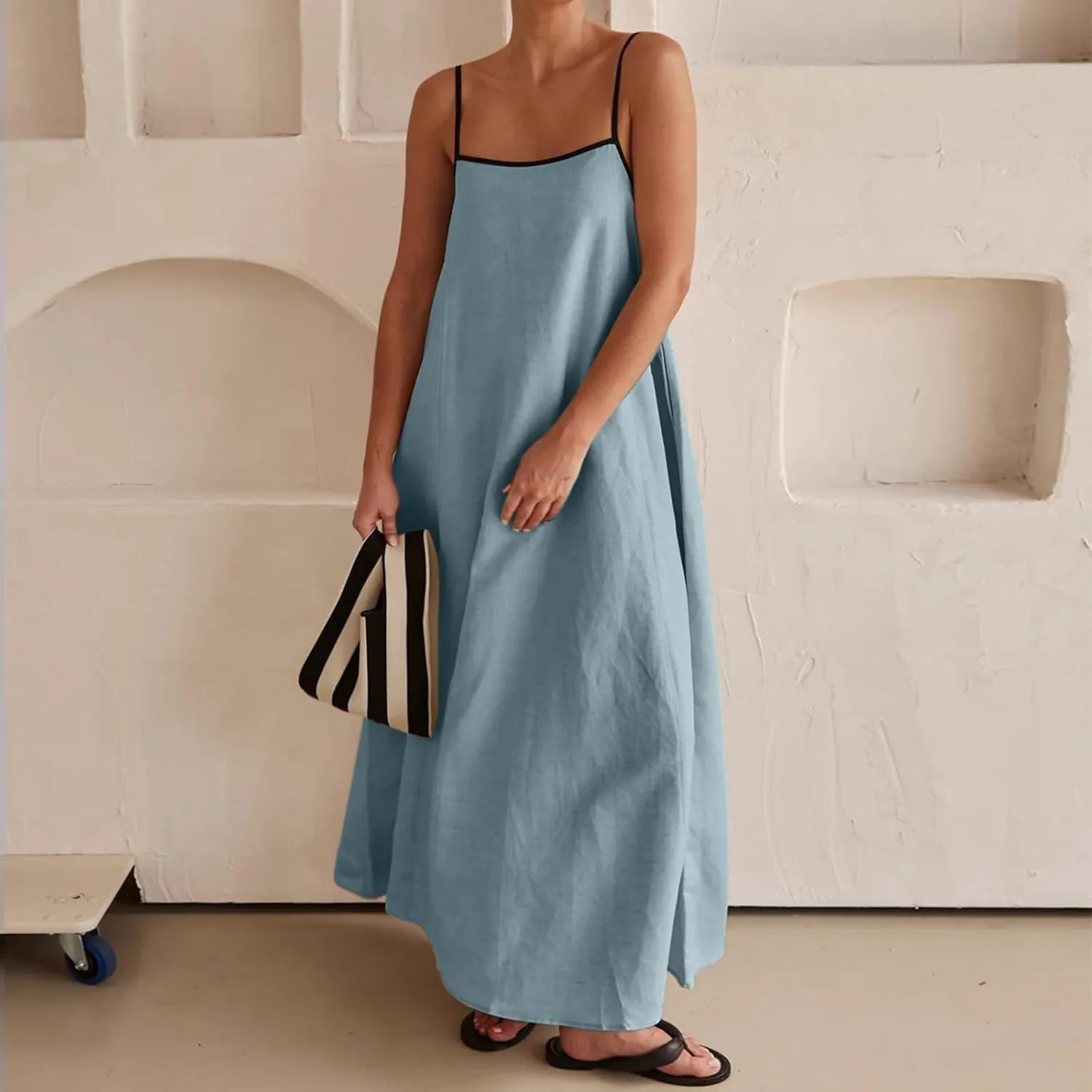 Womens Summer Maxi Dress 2025 Spaghetti Strap Square Neck Casual Printed Dress Boho Floral Beach Sundress