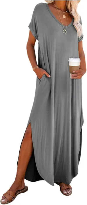 Women's Summer Maxi Dress Short Sleeve V Neck Long T Shirt Dresses Casual Loose Beach Vacation Split Dresses Pockets
