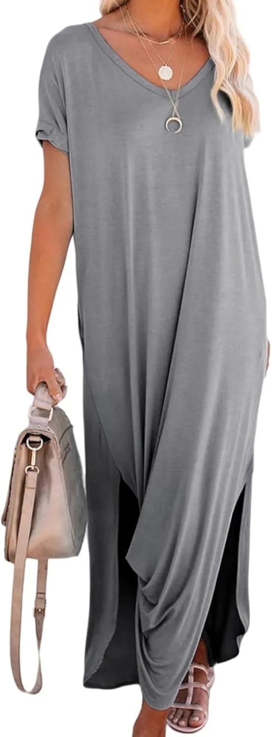 Women's Summer Maxi Dress Short Sleeve V Neck Long T Shirt Dresses Casual Loose Beach Vacation Split Dresses Pockets