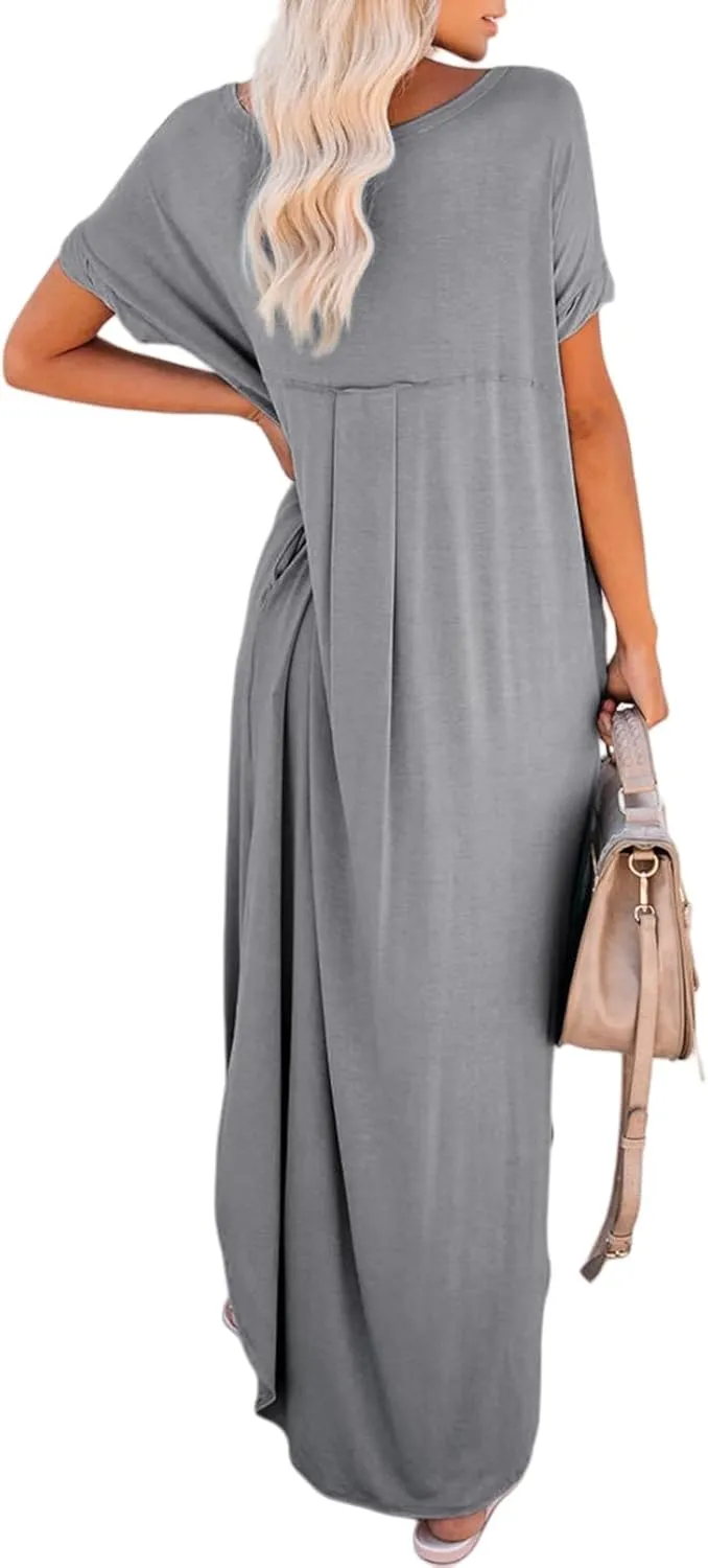 Women's Summer Maxi Dress Short Sleeve V Neck Long T Shirt Dresses Casual Loose Beach Vacation Split Dresses Pockets