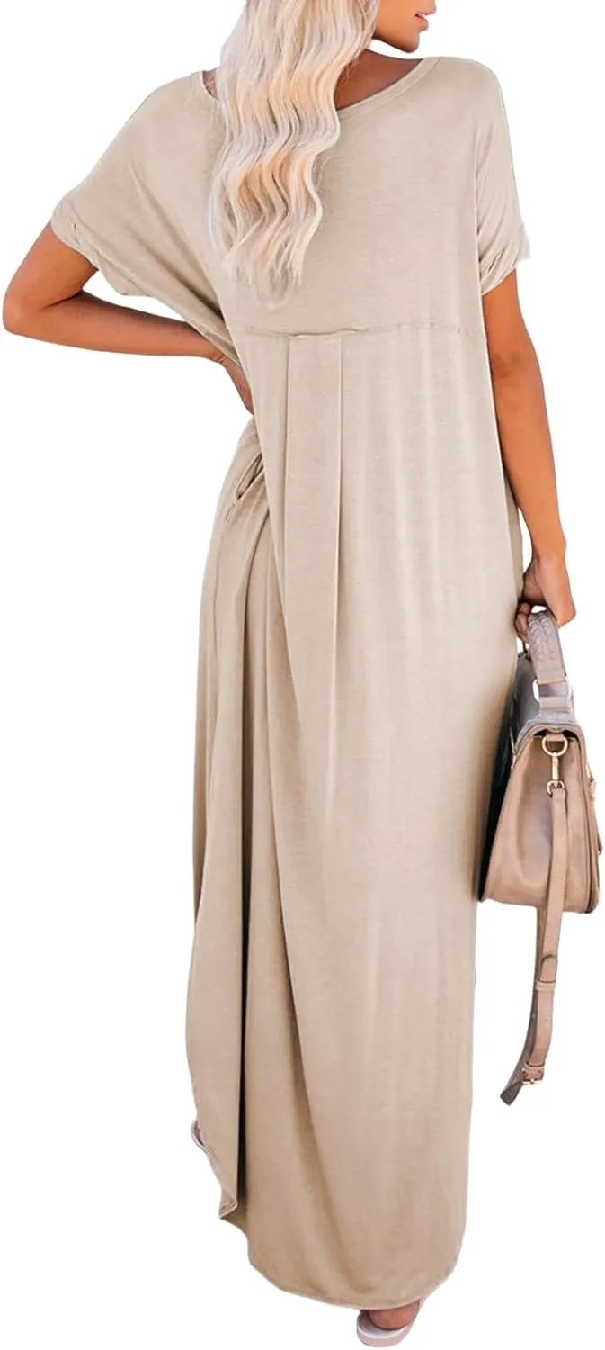 Women's Summer Maxi Dress Short Sleeve V Neck Long T Shirt Dresses Casual Loose Beach Vacation Split Dresses Pockets