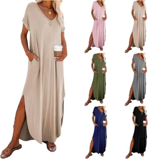 Women's Summer Maxi Dress Short Sleeve V Neck Long T Shirt Dresses Casual Loose Beach Vacation Split Dresses Pockets