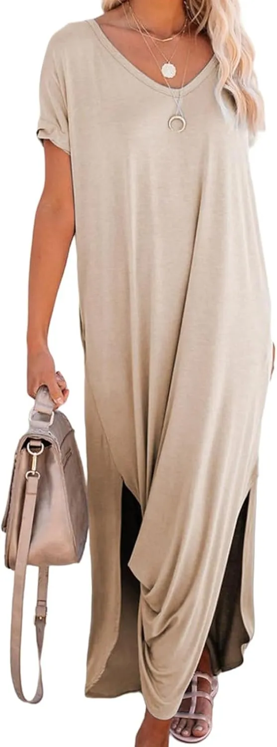 Women's Summer Maxi Dress Short Sleeve V Neck Long T Shirt Dresses Casual Loose Beach Vacation Split Dresses Pockets