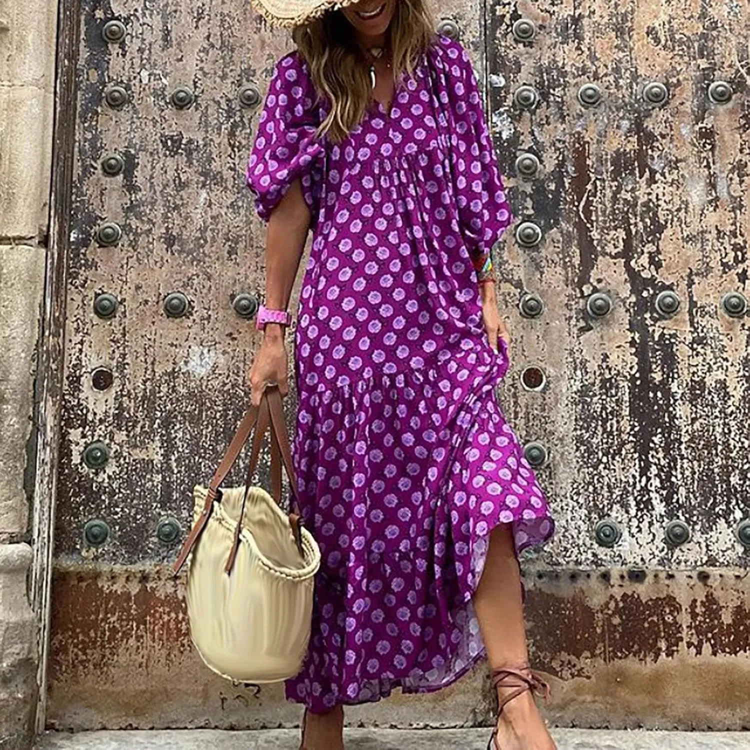 Womens Summer Mini Dress 2025 Casual Puff Sleeve Dresses A Line Bow Tie Front Loose Cute Babydoll