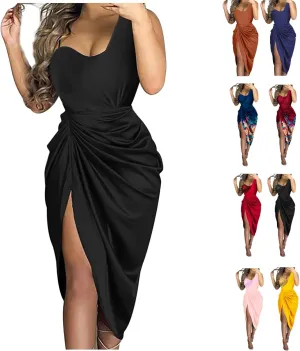 Women's Summer Sexy Elegant Trendy Solid Color Cold Shoulder Sequins Split Party Cocktail Prom Dress 2025, S-3XL