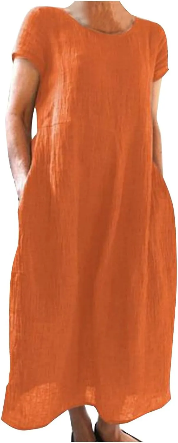 Women's Summer Short Sleeve Maxi Dress 2025 Casual V Neck Solid High Waist A-Line Flowy Loose Boho Long Dresses