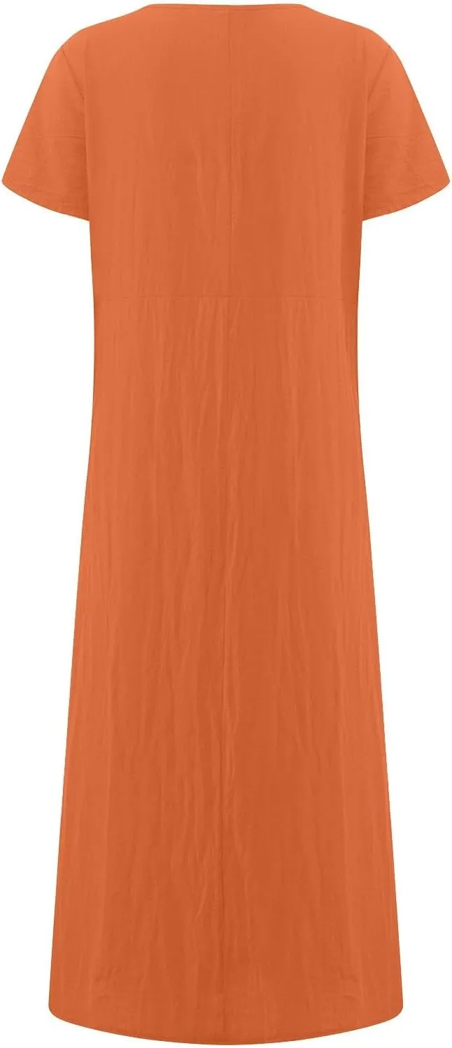 Women's Summer Short Sleeve Maxi Dress 2025 Casual V Neck Solid High Waist A-Line Flowy Loose Boho Long Dresses