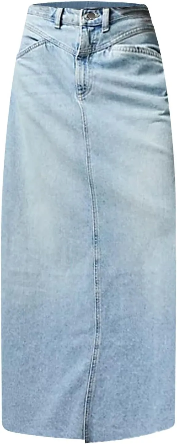 Women's Summer Skirts 2025 Casual Loose Trendy Elastic Waist Solid Color Sun Beach Long Maxi Denim Skirt, S-XL