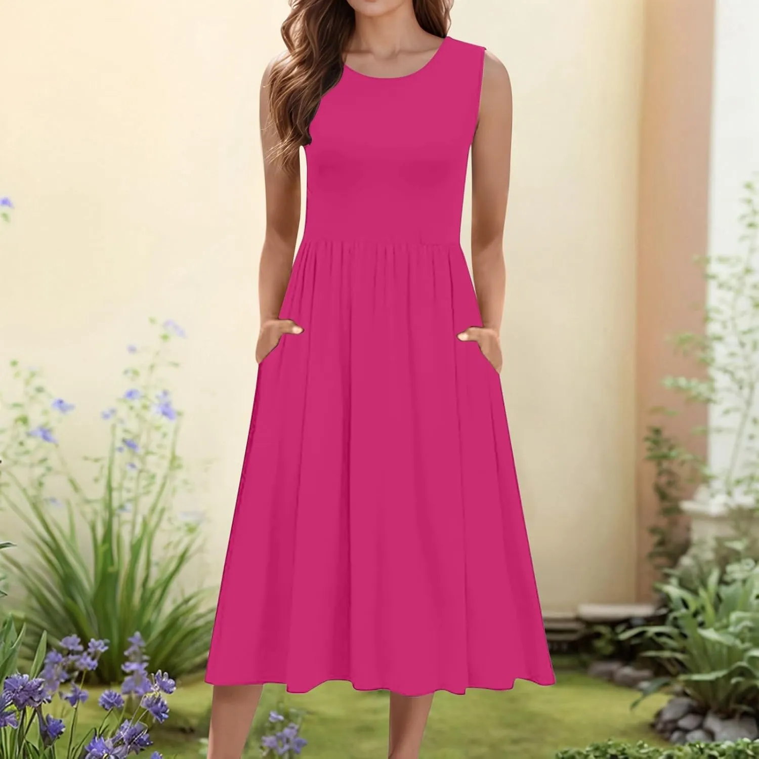 Women's Summer Sleeveless Midi Sundress Swing Casual Flowy Tiered Shirts Dress Beach Travel Vacation Outfits with Pockets