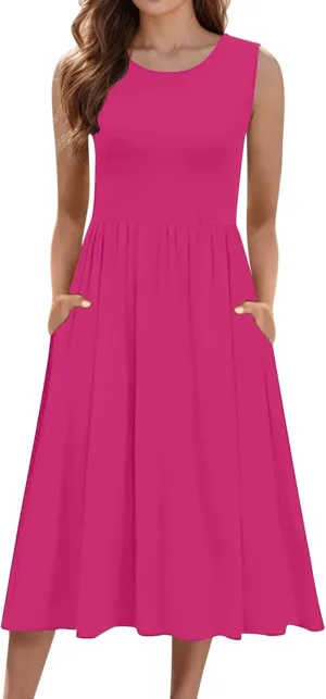Women's Summer Sleeveless Midi Sundress Swing Casual Flowy Tiered Shirts Dress Beach Travel Vacation Outfits with Pockets