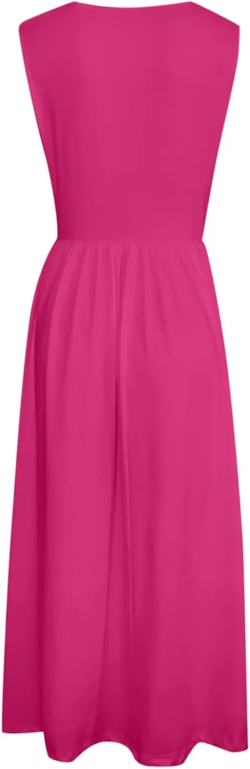 Women's Summer Sleeveless Midi Sundress Swing Casual Flowy Tiered Shirts Dress Beach Travel Vacation Outfits with Pockets