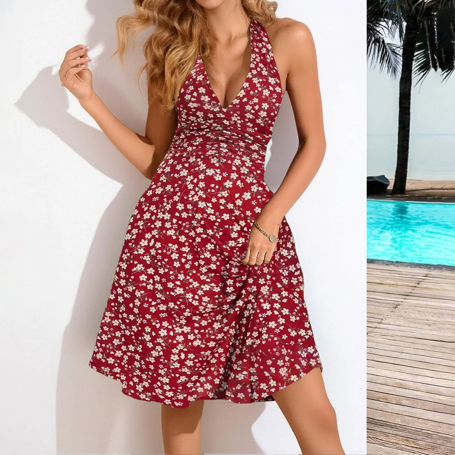 Women's Summer Sleeveless Sundress Sexy Wrap Halter V Neck 2025 Spring Floral Elastic Waist Ruffle Mini Dress Beach Vacation