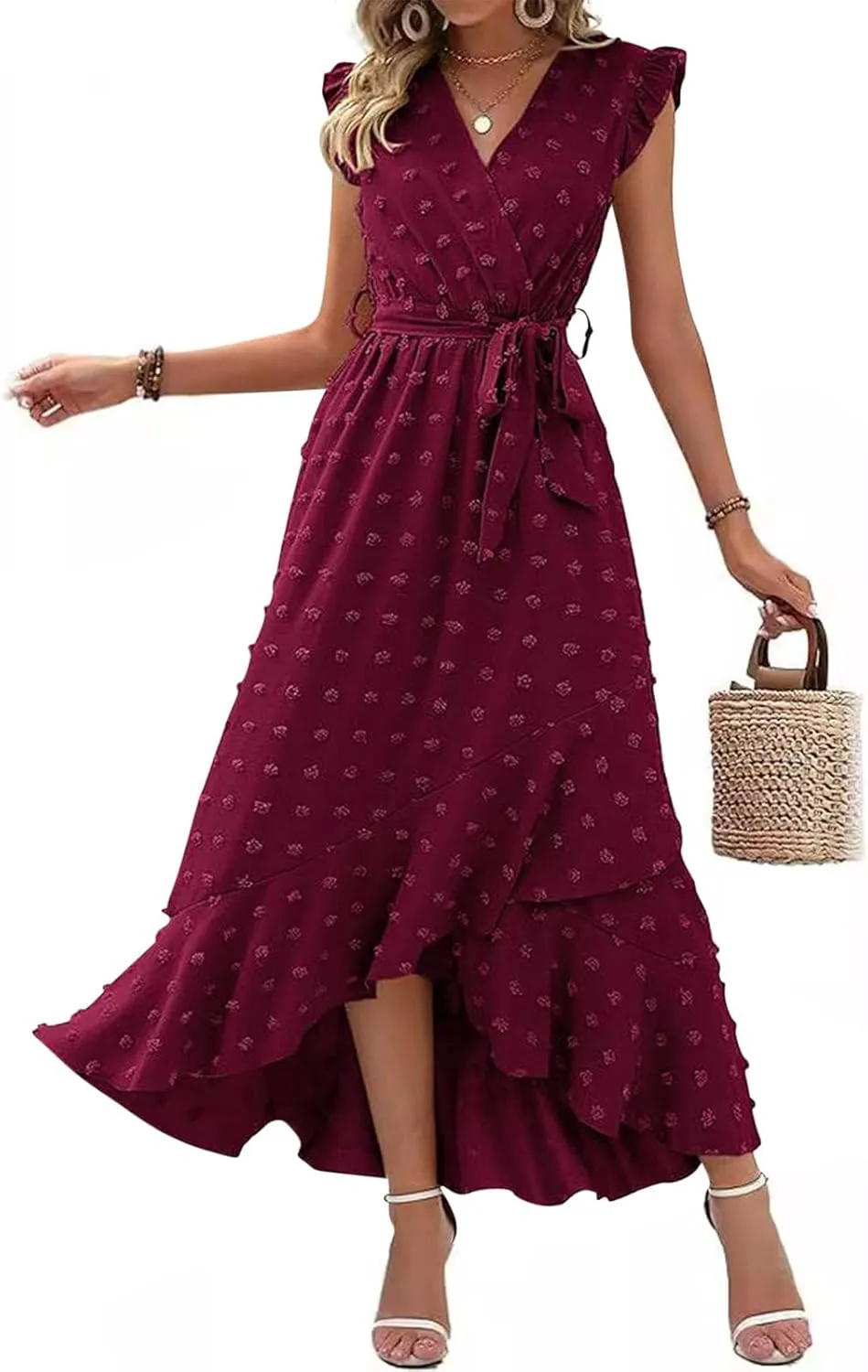 Womens Summer Wrap Maxi Dress Casual Boho V Neck Ruffle Short Sleeve Ruffle Hem Split Beach Long Dresses