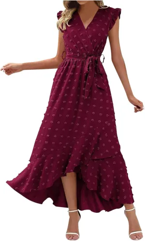 Womens Summer Wrap Maxi Dress Casual Boho V Neck Ruffle Short Sleeve Ruffle Hem Split Beach Long Dresses
