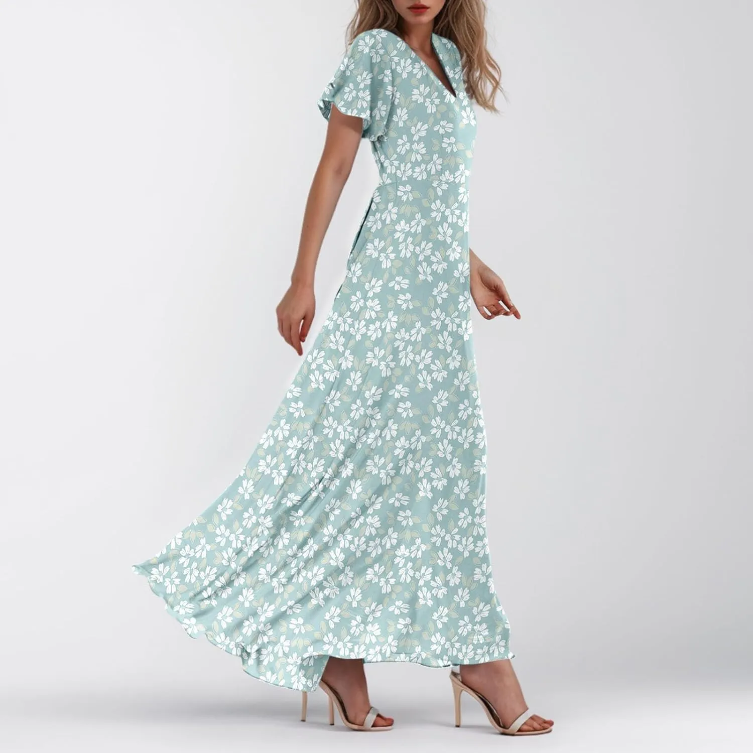 Women's Summer Wrap V Neck Long Maxi Dress Casual Boho Floral V Neck Short Sleeve Split Ladies Bohemian Dresses