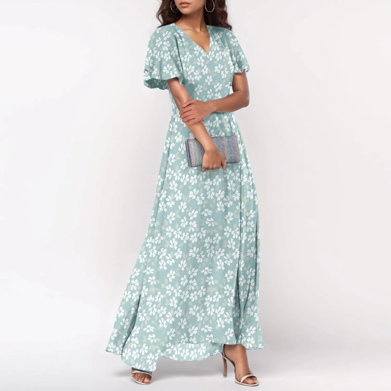 Women's Summer Wrap V Neck Long Maxi Dress Casual Boho Floral V Neck Short Sleeve Split Ladies Bohemian Dresses