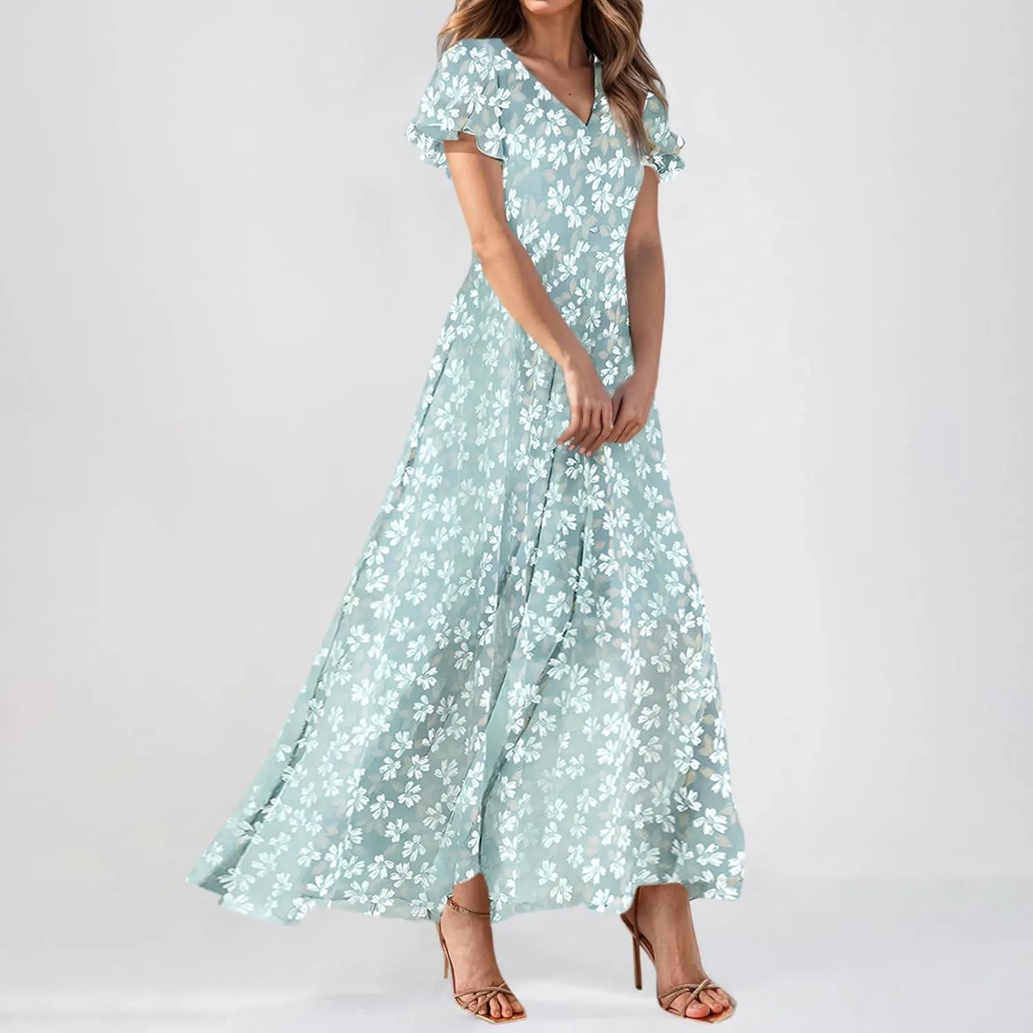 Women's Summer Wrap V Neck Long Maxi Dress Casual Boho Floral V Neck Short Sleeve Split Ladies Bohemian Dresses