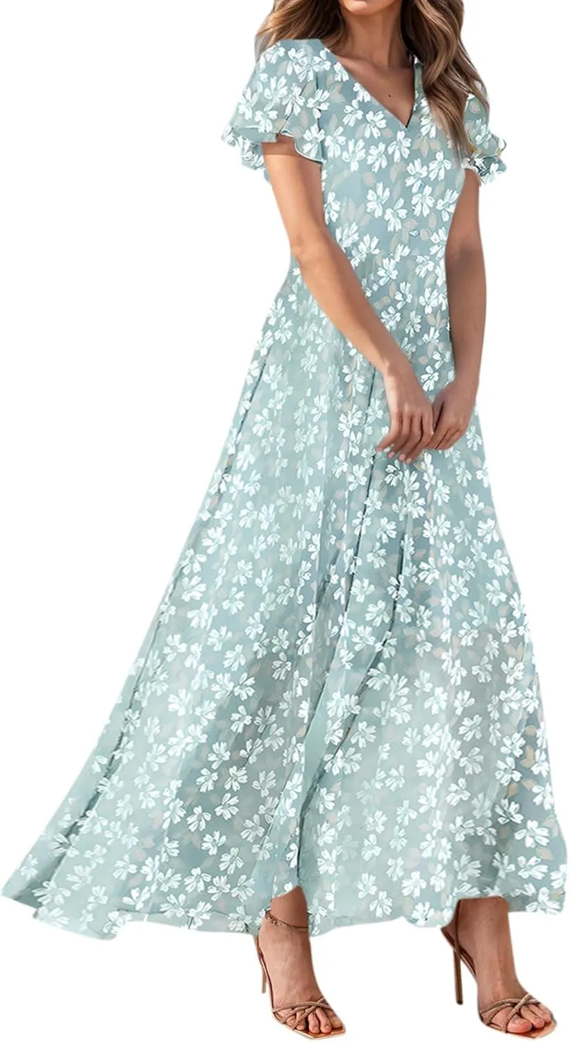 Women's Summer Wrap V Neck Long Maxi Dress Casual Boho Floral V Neck Short Sleeve Split Ladies Bohemian Dresses