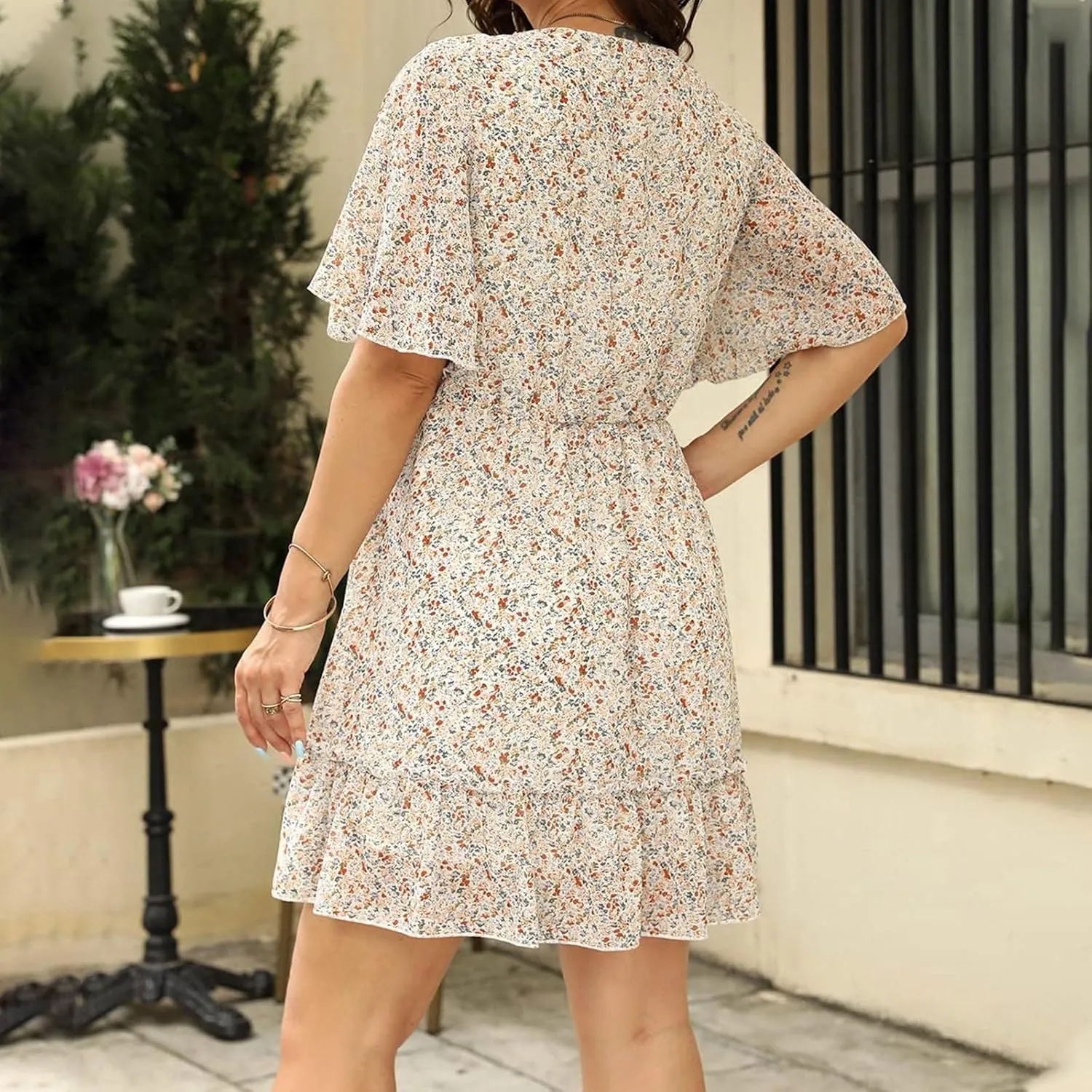 Women's Summer Wrap V Neck Polka Dot Print Ruffle Short Sleeve Mini Floral Dress with Tennis Dresses for Women