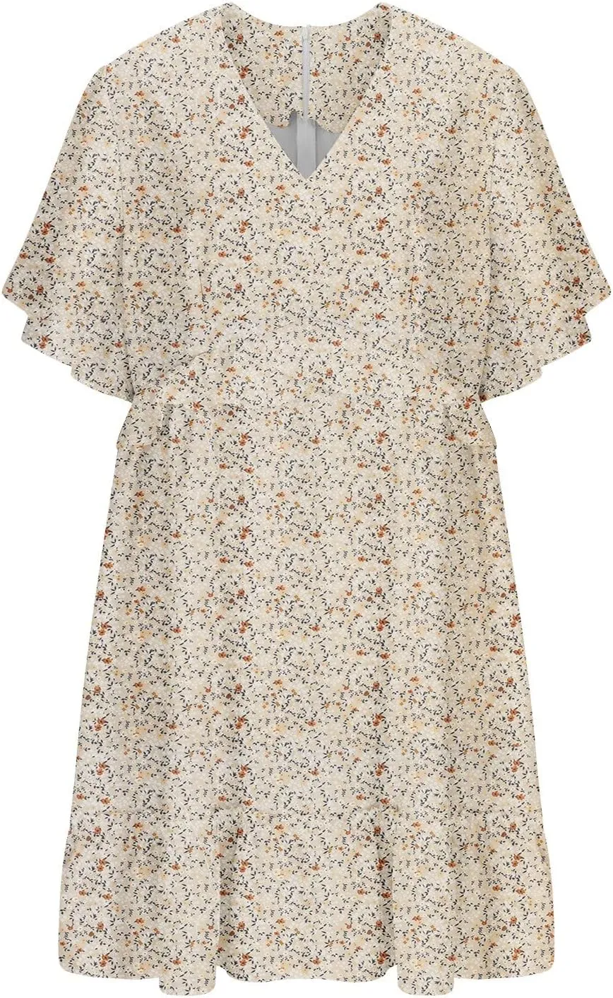 Women's Summer Wrap V Neck Polka Dot Print Ruffle Short Sleeve Mini Floral Dress with Tennis Dresses for Women