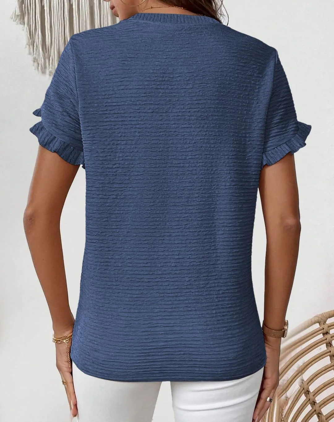 Womens Tops Casual Crew Neck Shirts Ruffle Short Sleeve Relaxed Textured Soft Cute Blouses for Women Summer Blouses