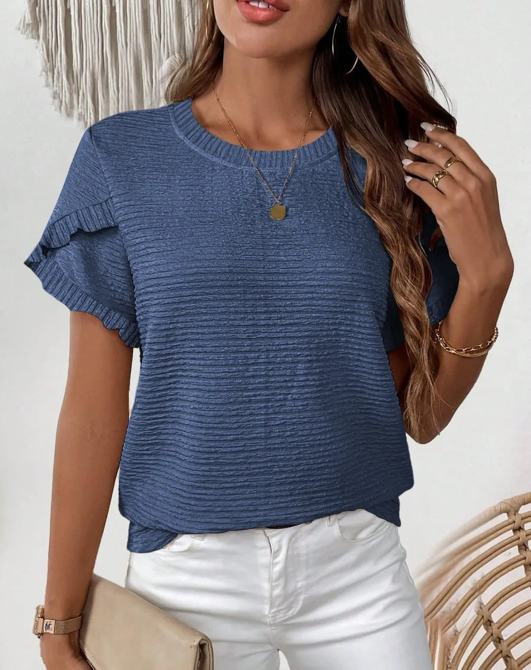 Womens Tops Casual Crew Neck Shirts Ruffle Short Sleeve Relaxed Textured Soft Cute Blouses for Women Summer Blouses