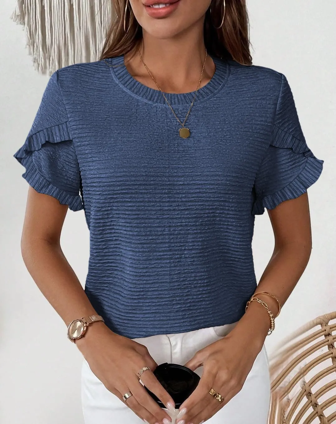 Womens Tops Casual Crew Neck Shirts Ruffle Short Sleeve Relaxed Textured Soft Cute Blouses for Women Summer Blouses